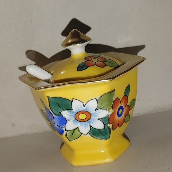 Noritake Japan Yellow Floral Salt Pepper Shaker Set Lidded Mustard Bowl Spoon - Picture 4 of 12